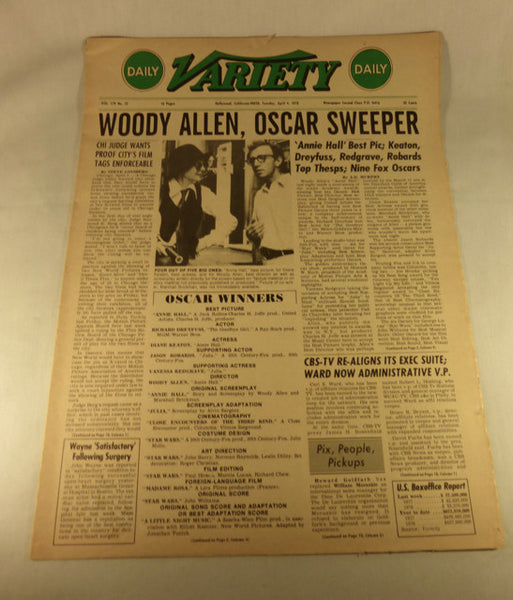 Variety Magazine, "Woody Allen, Oscar Sweeper" April 4, 1978